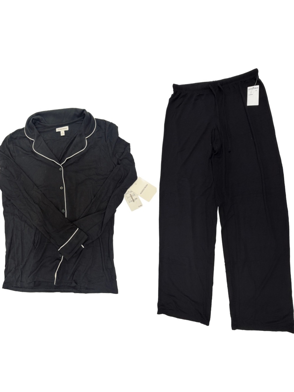 NEW Nordstrom Black Long-Sleeve Button Front Pajama Set in Black Size Small